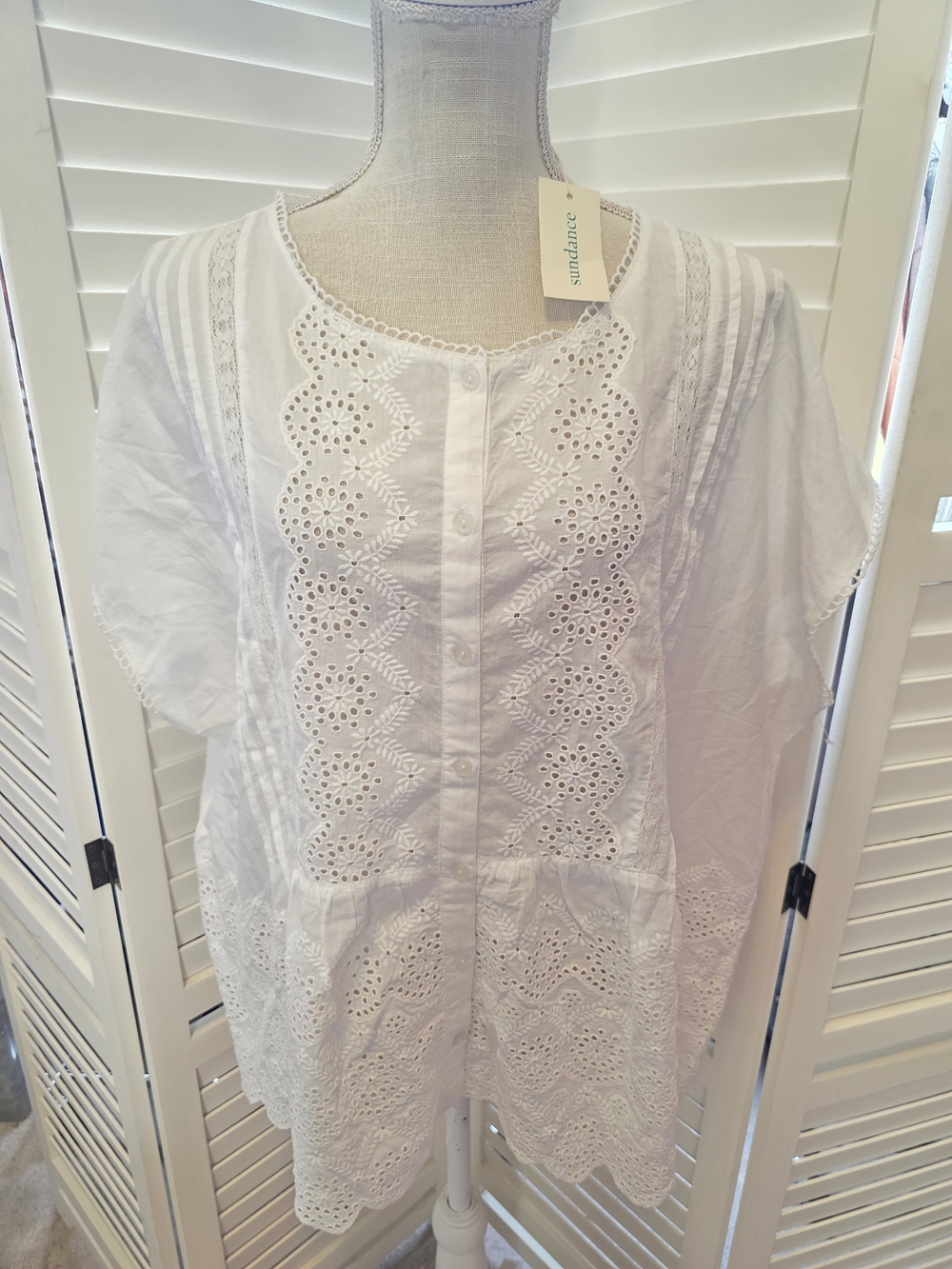 Sundance White Eyelet Cotton Button-Down Blouse 2XL 1498 P2P 29 - Picture 2 of 6